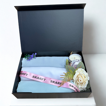3 Hijabs in a box with scented candle and flowers