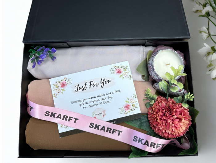 3 Hijabs in a black box with scented candle, greeting card and flowers