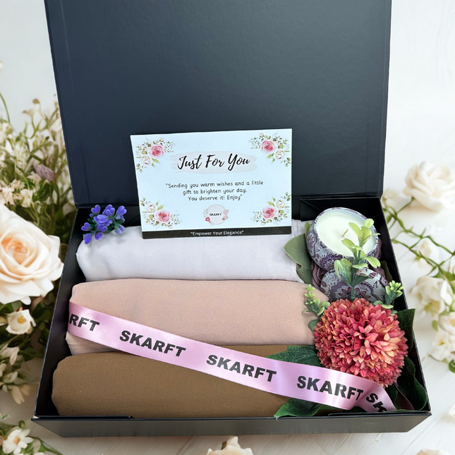 3 Chiffon Hijabs in a black box with scented candle, pink ribbon and flowers