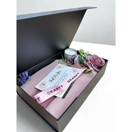 3 Pink Hijabs in a black box with scented candle, greeting card and flowers