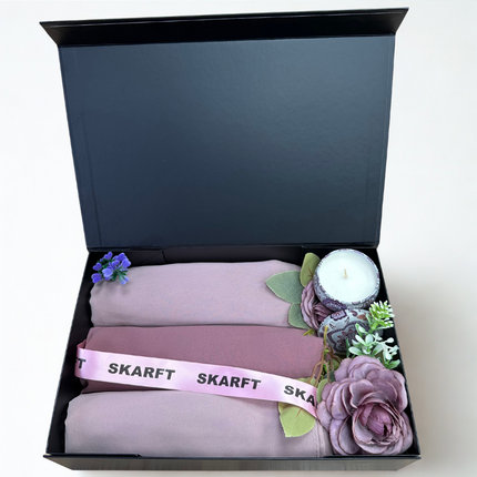 3 Pink Chiffon Hijabs in a black box with scented candle and flowers